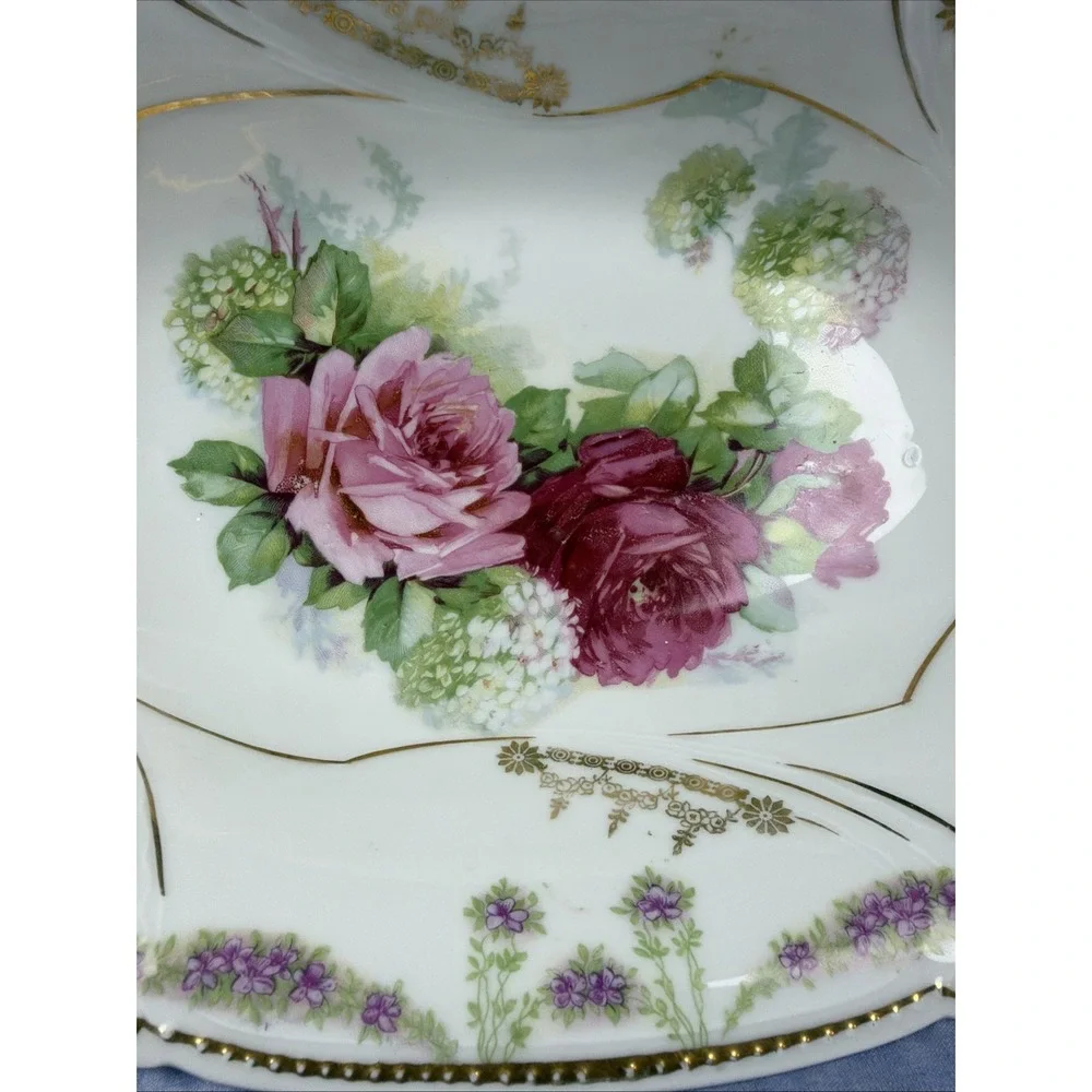 Vintage Porcelain Floral Fruit Bowl Oval Serving Dish Gold Trim Rose Design